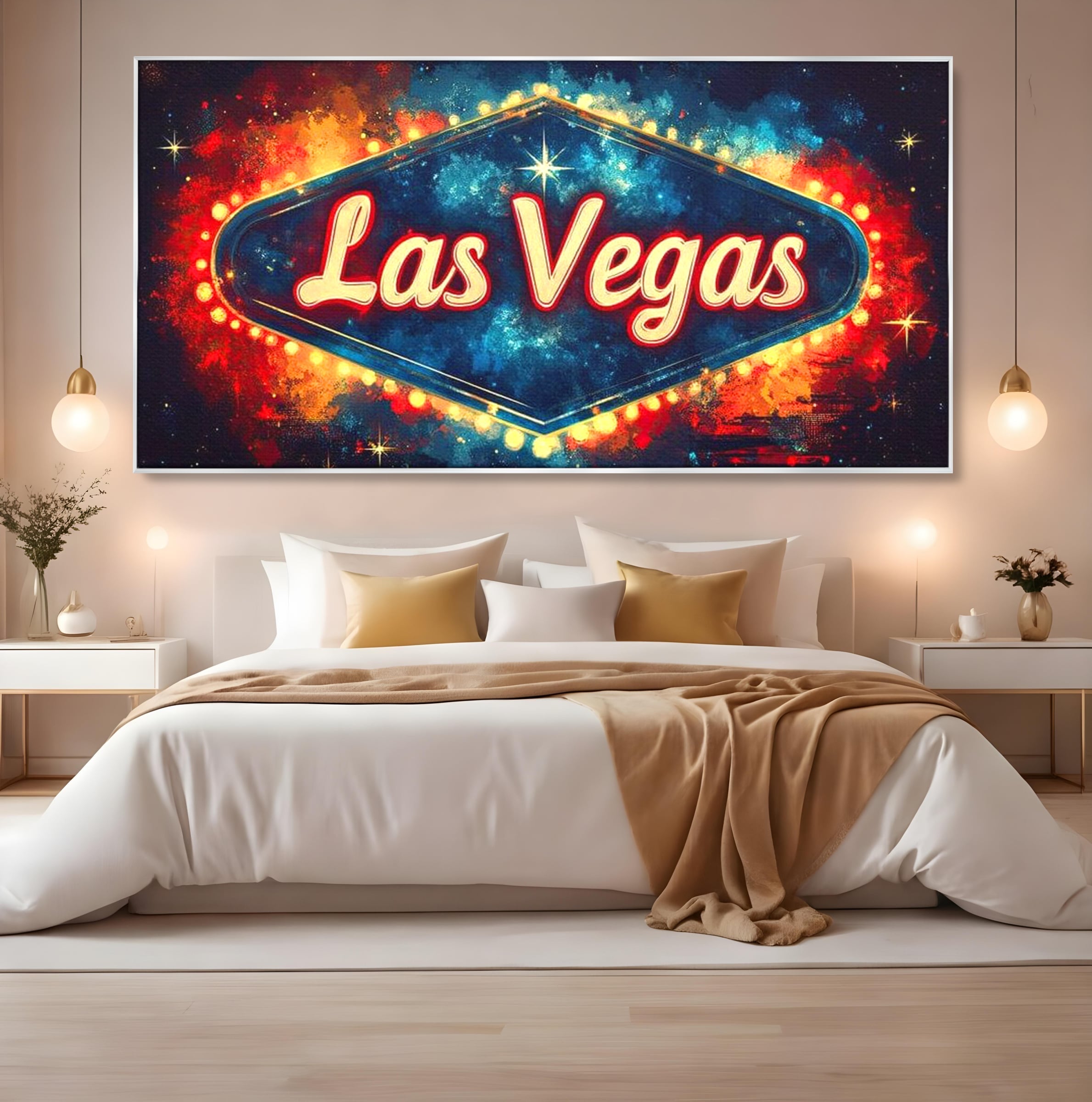 Tablou canvas cu tablou canvas cu semn neon las vegas, in rama de aluminiu argintiu, pe perete intr-un dormitor